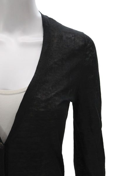Theory Women Black Linen V-Neck Cardigan Long Sleeve Petite Size XS
