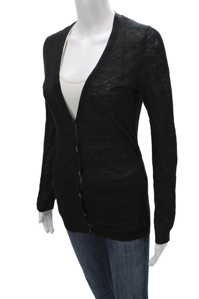Theory Women Black Linen V-Neck Cardigan Long Sleeve Petite Size XS