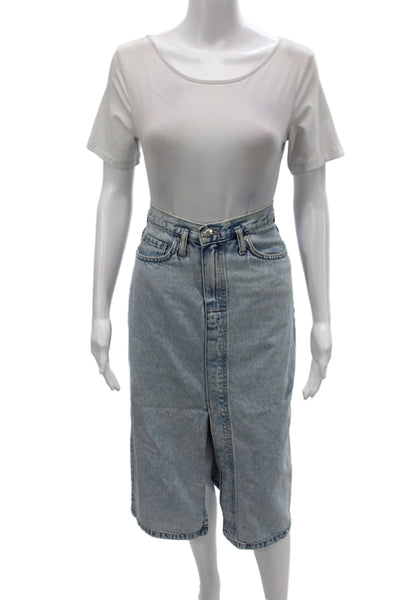 MNG Womens Straight Pencil Skirt Blue Cotton Long Button Size XS