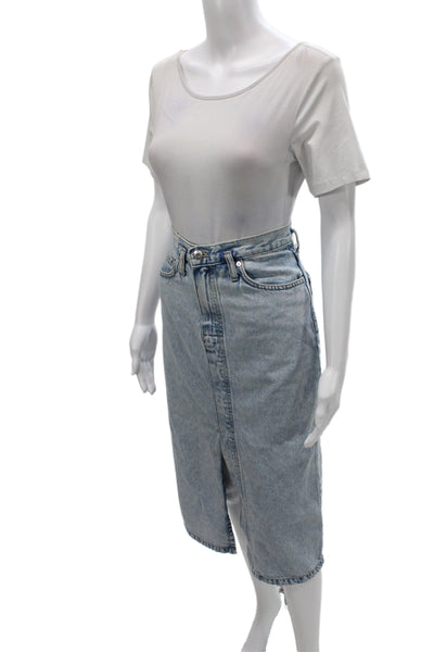 MNG Womens Straight Pencil Skirt Blue Cotton Long Button Size XS