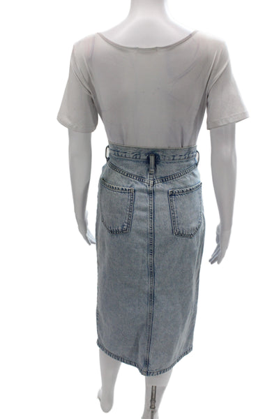 MNG Womens Straight Pencil Skirt Blue Cotton Long Button Size XS