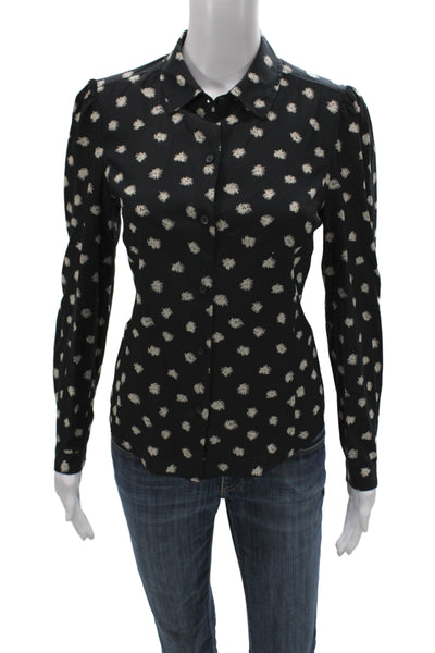 Rebecca Taylor Women Black Floral Collared Long Sleeve Silk Blouse Size 4