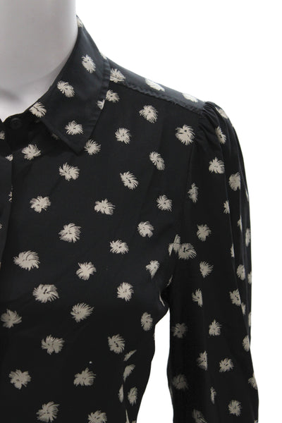 Rebecca Taylor Women Black Floral Collared Long Sleeve Silk Blouse Size 4