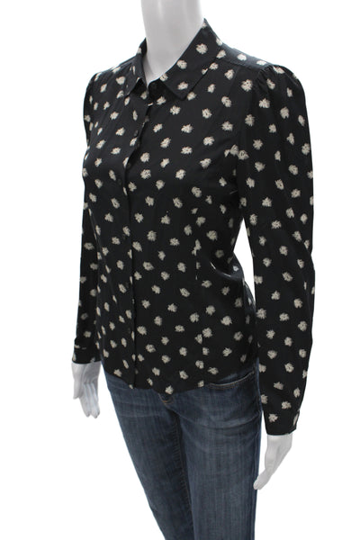 Rebecca Taylor Women Black Floral Collared Long Sleeve Silk Blouse Size 4