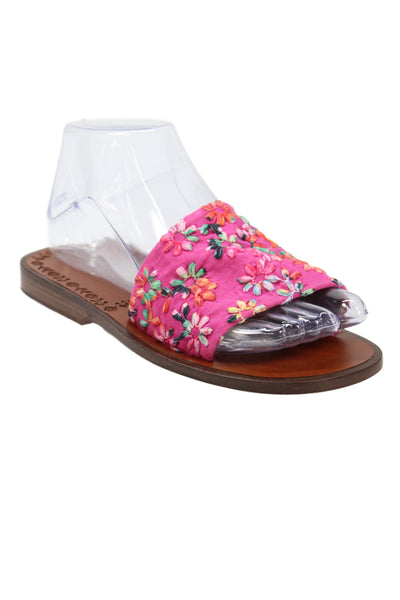 120% Womens Embroidered Floral Linen Slide Sandals Pink Size 3