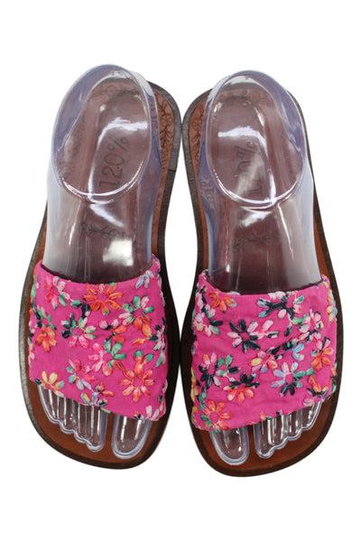 120% Womens Embroidered Floral Linen Slide Sandals Pink Size 3