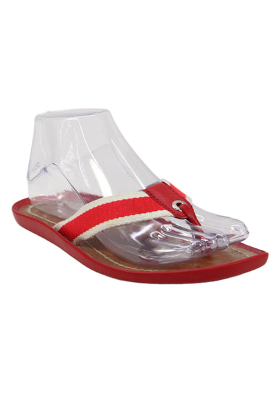 Coach Womens Canvas Leather Trim Striped T Strap Sandals Red White Size 6