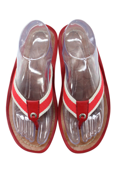 Coach Womens Canvas Leather Trim Striped T Strap Sandals Red White Size 6