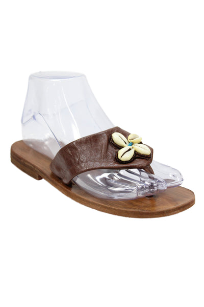 Submarine Womens Shell Beaded Leather T Strap Sandals Brown Size 5