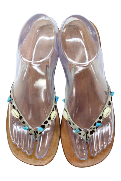 Submarine Womens Shell Leopard Printed Leather T Strap Sandals Gray Size 36