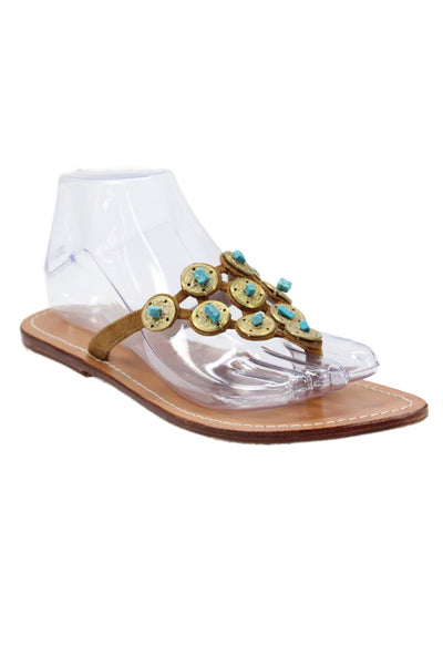 Mystique Womens Embellished Suede T Strap Sandal Brown Gold Tone Size 6