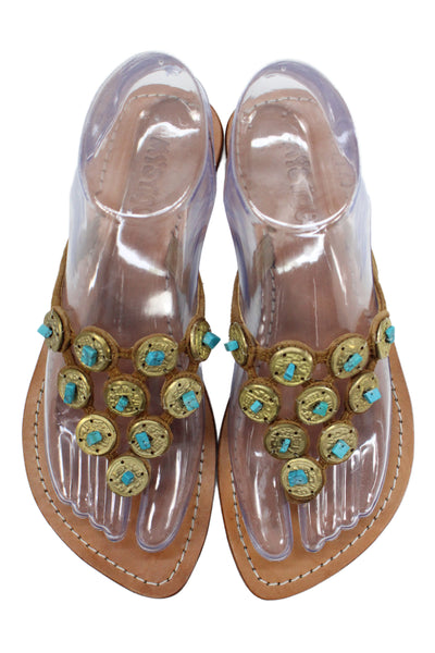 Mystique Womens Embellished Suede T Strap Sandal Brown Gold Tone Size 6