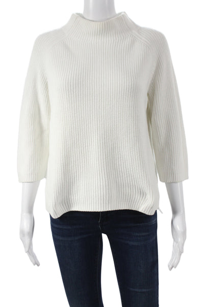 Kinross Women Pullover Sweater White Cotton Mock Neck 3/4 Sleeve Size M