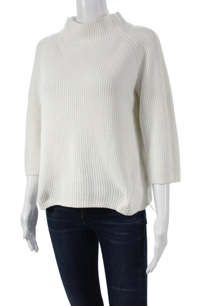 Kinross Women Pullover Sweater White Cotton Mock Neck 3/4 Sleeve Size M