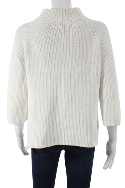 Kinross Women Pullover Sweater White Cotton Mock Neck 3/4 Sleeve Size M