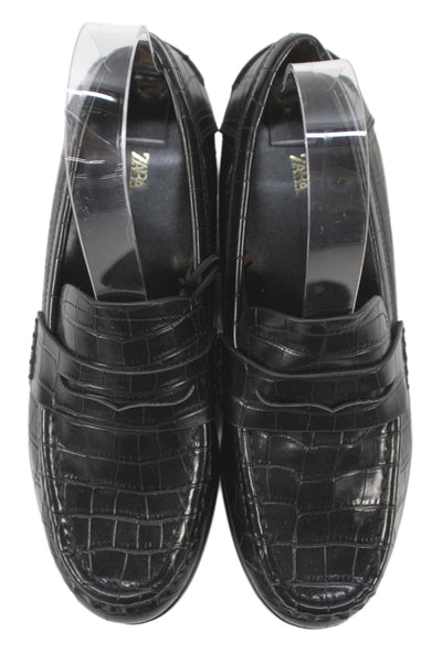 Zara Womens Leather Crocodile Print Dress Shoe Loafers Black Size 37 7