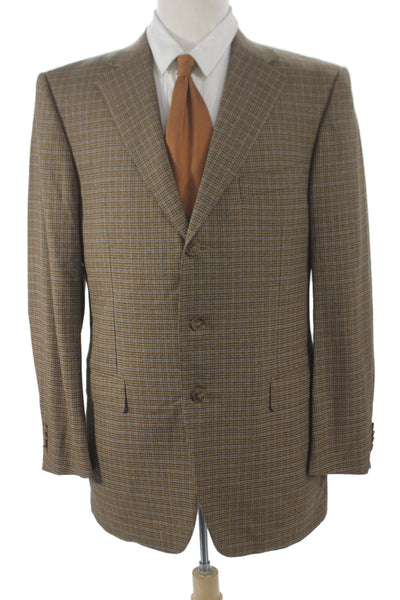 Ermenegildo Zegna Mens Brown Wool Plaid Blazer Button Size 50