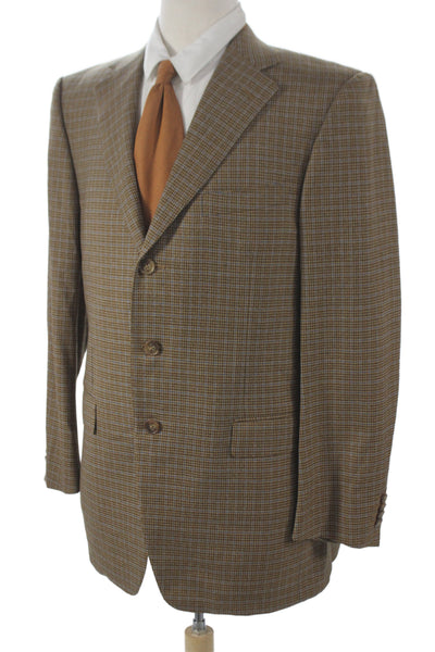 Ermenegildo Zegna Mens Brown Wool Plaid Blazer Button Size 50