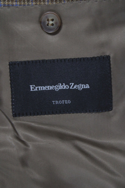 Ermenegildo Zegna Mens Brown Wool Plaid Blazer Button Size 50