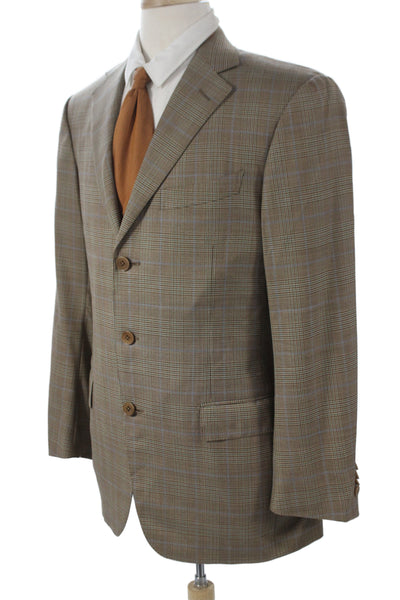Ermenegildo Zegna Mens Blazer Brown Plaid 100% Wool Button Closure Size 50