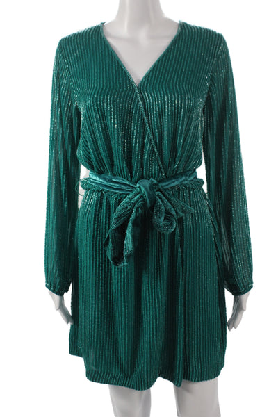 Karina Grimaldi Women Wrap Dress Green Silk V Neck Long Sleeve Short Size S