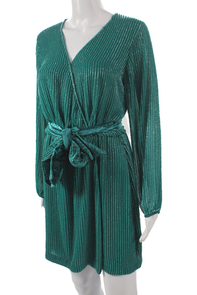 Karina Grimaldi Women Wrap Dress Green Silk V Neck Long Sleeve Short Size S