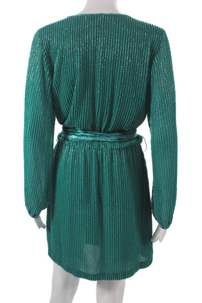 Karina Grimaldi Women Wrap Dress Green Silk V Neck Long Sleeve Short Size S