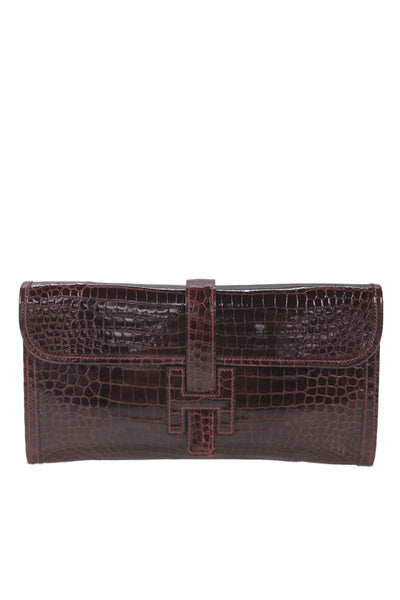 Hermes Womens Bordeaux Shiny Porosus Crocodile Jige Elan Clutch Handbag