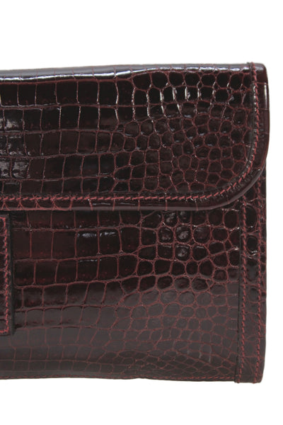 Hermes Womens Bordeaux Shiny Porosus Crocodile Jige Elan Clutch Handbag