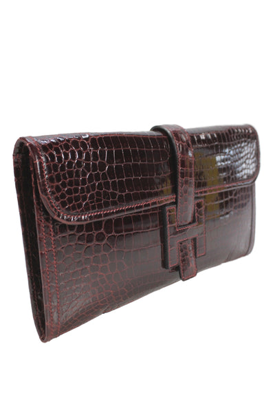 Hermes Womens Bordeaux Shiny Porosus Crocodile Jige Elan Clutch Handbag