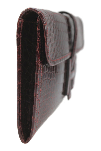 Hermes Womens Bordeaux Shiny Porosus Crocodile Jige Elan Clutch Handbag