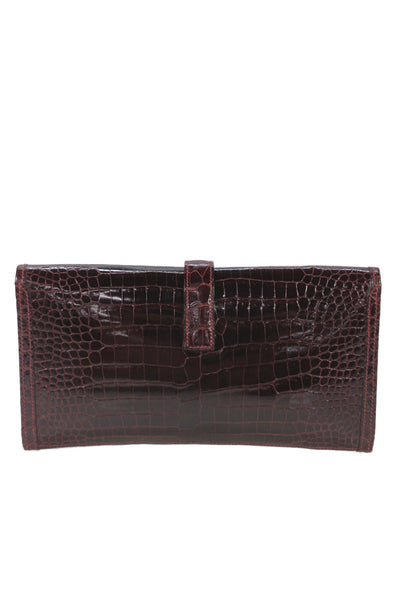 Hermes Womens Bordeaux Shiny Porosus Crocodile Jige Elan Clutch Handbag