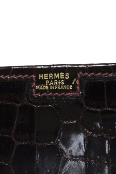 Hermes Womens Bordeaux Shiny Porosus Crocodile Jige Elan Clutch Handbag