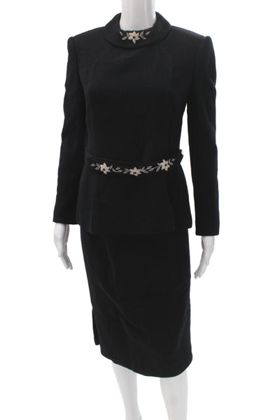 Le Tailleur Women Skirt Suit Black Floral Turtleneck Wool Long Sleeve Size 2