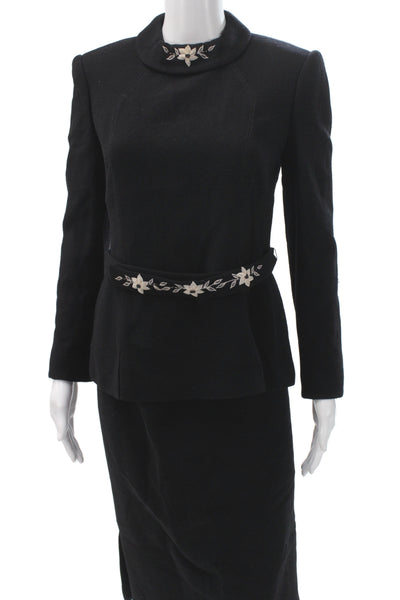 Le Tailleur Women Skirt Suit Black Floral Turtleneck Wool Long Sleeve Size 2
