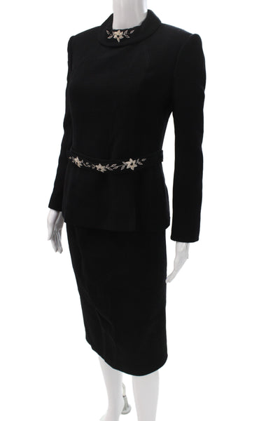Le Tailleur Women Skirt Suit Black Floral Turtleneck Wool Long Sleeve Size 2