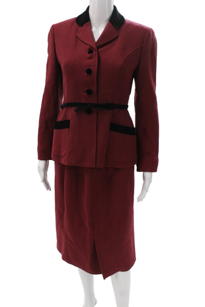 Vestito Collezioni Womens Wool Velvet Trim Blazer Skirt Suit Set Red Size 4