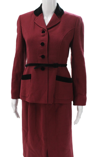 Vestito Collezioni Womens Wool Velvet Trim Blazer Skirt Suit Set Red Size 4