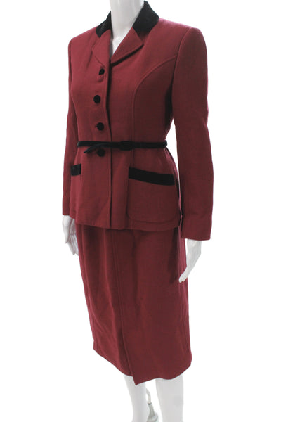 Vestito Collezioni Womens Wool Velvet Trim Blazer Skirt Suit Set Red Size 4