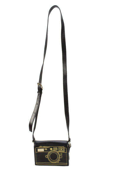 Kate Spade New York Womens Single Strap Camera Crossbody Handbag Black Leather