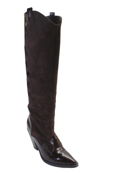 Sigerson Morrison Womens Block Heel Suede Patent Leather Boots Brown Size 37.5