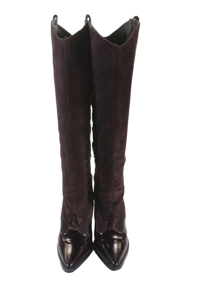 Sigerson Morrison Womens Block Heel Suede Patent Leather Boots Brown Size 37.5