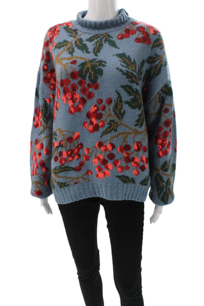 Cecilia Prado Womens Turtleneck Floral Pullover Sweater Blue Long Sleeve Size L