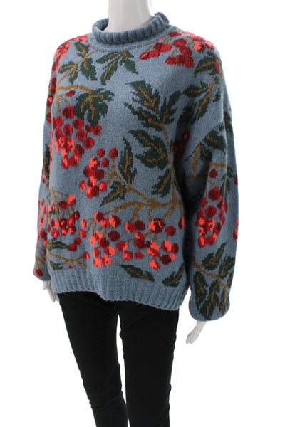 Cecilia Prado Womens Turtleneck Floral Pullover Sweater Blue Long Sleeve Size L