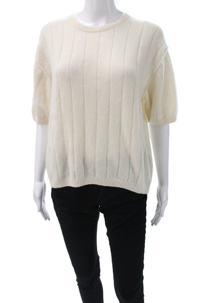 Allude Women Ivory Cashmere Striped Crew Neck Short Sleeve Pullover Size L