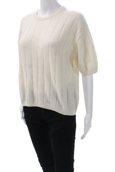 Allude Women Ivory Cashmere Striped Crew Neck Short Sleeve Pullover Size L