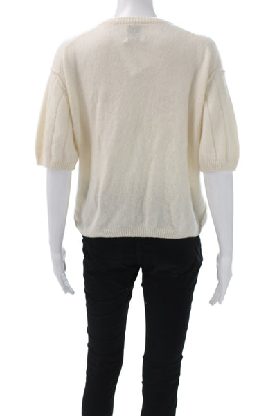 Allude Women Ivory Cashmere Striped Crew Neck Short Sleeve Pullover Size L
