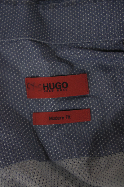 Hugo Hugo Boss Mens Blue Polka Dot Leather Dress Shirt Long Sleeve Size 16.5