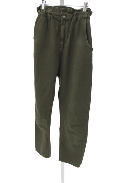 Zara Women Paperbag High Rise Cotton Pants Green Button Size 0