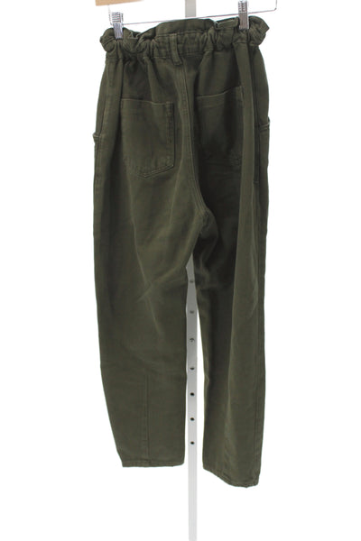 Zara Women Paperbag High Rise Cotton Pants Green Button Size 0